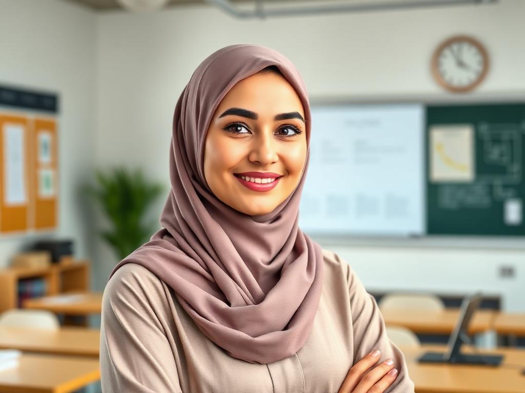 معلمة سعيدة بإنجازها في بيئة تعليمية رقمية